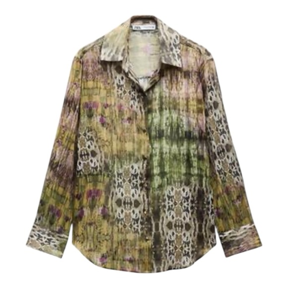 Zara Tops - ZARA Printed Shirt with Metallic Thread – Size M